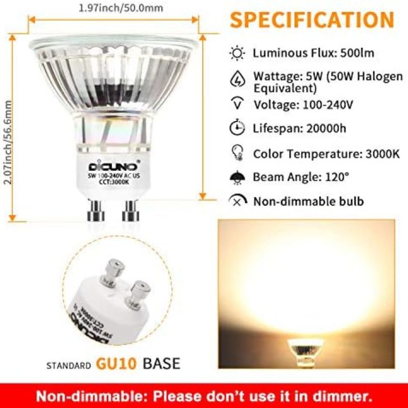 DiCUNO GU10 LED Bulbs 5W Warm White 3000K, 500lm, 120 Degree Beam Angle, Spotlight, 50W Halogen Bulbs Equivalent, Non-dimmable MR16 LED Light Bulbs, 6-Pack