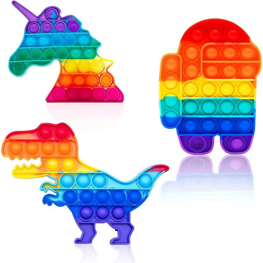 Pop Its Fidget Toy Set - Rainbow Dinosaur Unicorn and Among Us Pop its Pack 3 - Stress Relief Silicone Squeeze Push Pop Bubble Popper Sensory Toy for Kids Children