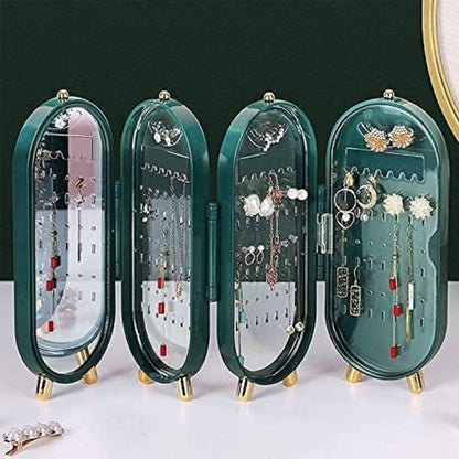 Jewellery Box Organiser with Mirror, Foldable Exquisite Dustproof Jewelry Storage Case Multi-Function Screen Shaped Metal Jewelry Display Stand for Earrings, Necklace & Bracelet (Vintage Green)