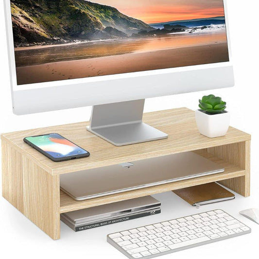 FITUEYES Monitor Stand - 2 Tier Computer Monitor Riser with 16.7 Inch Shelf, Wood Desktop Stand for Laptop Computer Screen, Desk Organization