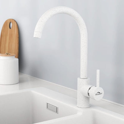 Auralum Kitchen Tap with Removable Aerators, 360° Swivel Kitchen Tap with High Spout, Single Lever Kitchen Tap for Ceramic Sinks, White Brass Sink Tap