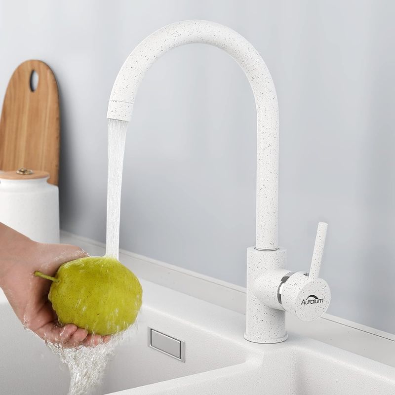 Auralum Kitchen Tap with Removable Aerators, 360° Swivel Kitchen Tap with High Spout, Single Lever Kitchen Tap for Ceramic Sinks, White Brass Sink Tap