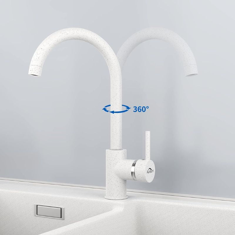 Auralum Kitchen Tap with Removable Aerators, 360° Swivel Kitchen Tap with High Spout, Single Lever Kitchen Tap for Ceramic Sinks, White Brass Sink Tap