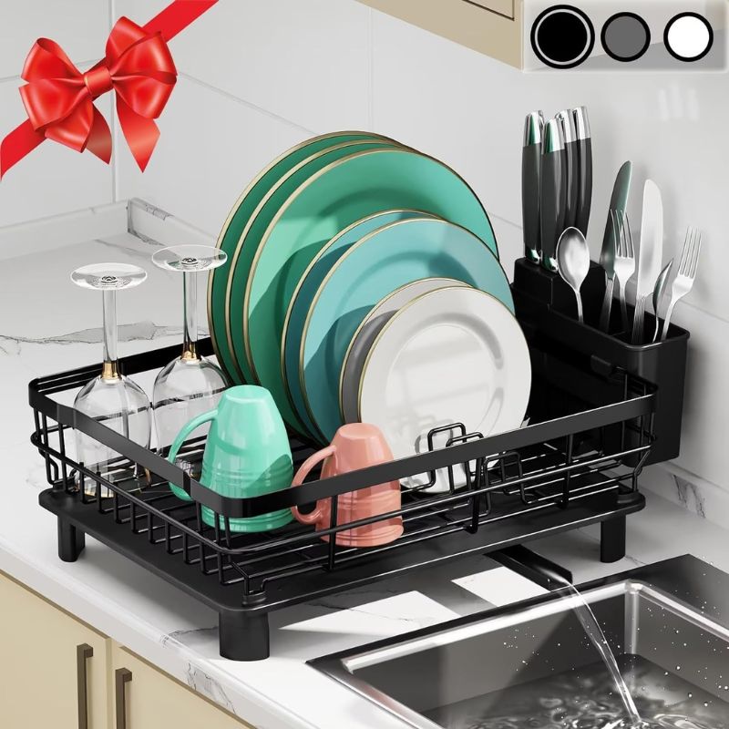 Dish Drying Rack, Dish Rack,Dish Racks for Kitchen Counter,Dish Drainer with Removable Utensil Holder,Drainboard and Swivel Spout(Black,Metal)