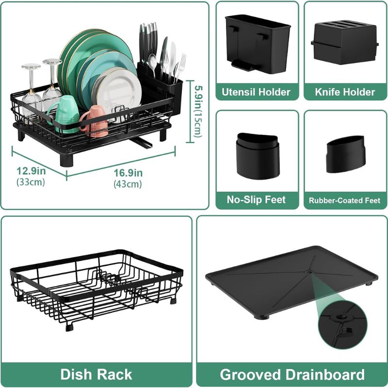 Dish Drying Rack, Dish Rack,Dish Racks for Kitchen Counter,Dish Drainer with Removable Utensil Holder,Drainboard and Swivel Spout(Black,Metal)