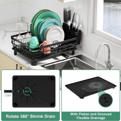 Dish Drying Rack, Dish Rack,Dish Racks for Kitchen Counter,Dish Drainer with Removable Utensil Holder,Drainboard and Swivel Spout(Black,Metal)