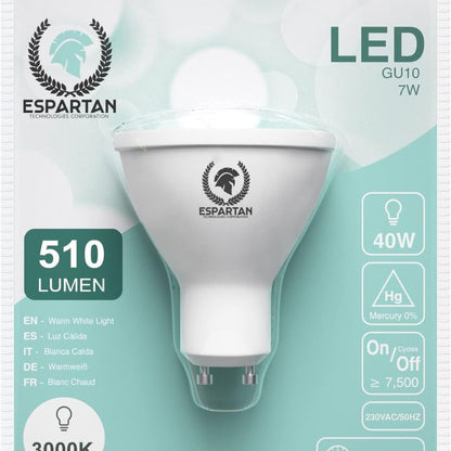 Espartan - GU10 LED Bulbs Warm Light 7W, 3000K, 510 Lumens, Equivalent to 40W Halogen Bulb, GU10 LED Ceiling Warm Lamp, GU10 LED Socket