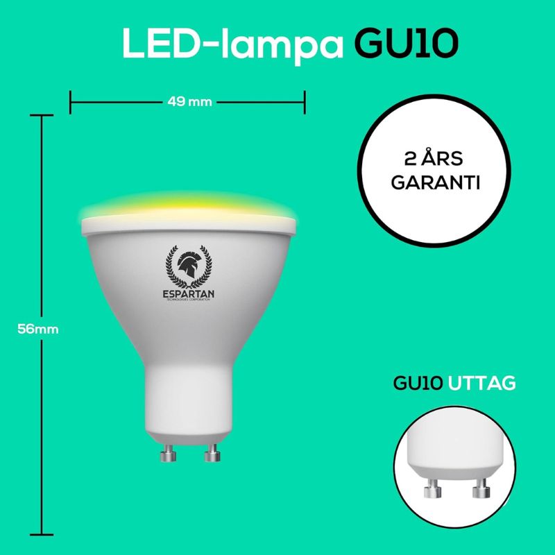 Espartan - GU10 LED Bulbs Warm Light 7W, 3000K, 510 Lumens, Equivalent to 40W Halogen Bulb, GU10 LED Ceiling Warm Lamp, GU10 LED Socket