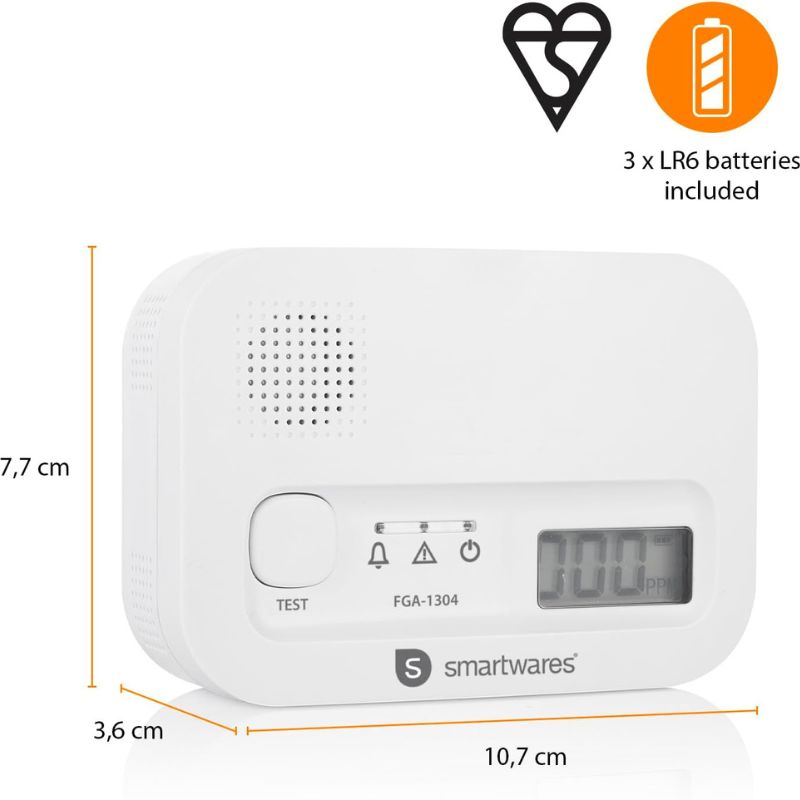 Smartwares FGA-13041 Carbon Monoxide Detector, 10 Year Sensor, Digital Screen, Display and Test Button