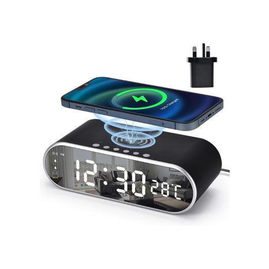 U-picks Alarm Clock with Qi wireless charging,max 15W fast charging,Bedside Digital Desk Clock with Adapter/Snooze/Dual Alarm/Temperature/4 Brightness, Digital Alarm Clocks for Office,Bedrooms-Black