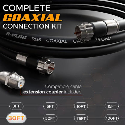 G-PLUG 30FT RG6 Coaxial Cable Connectors Set – High-Speed Internet, Broadband and Digital TV Aerial, Satellite Cable Extension – Weather-Sealed Double Rubber O-Ring and Compression Connectors Black