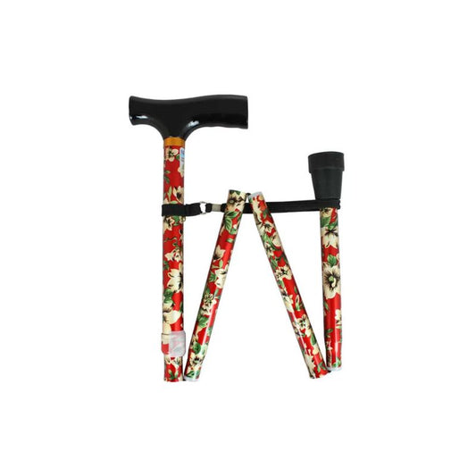 NRS Healthcare Folding Walking Stick - Red Floral