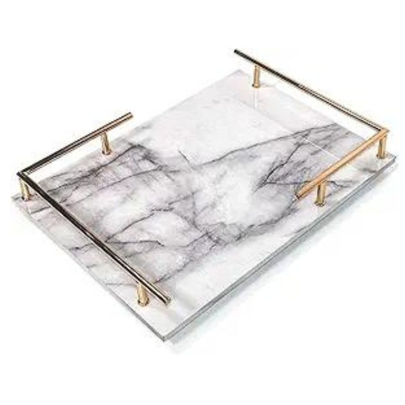 Decorative MDF Tray with Marble Print, Handmade Vanity/Perfume Tray with Gold Metal Handle, Trinket Tray, Catchall Tray for Dresser Bathroom Vanity Table (Gray and White)