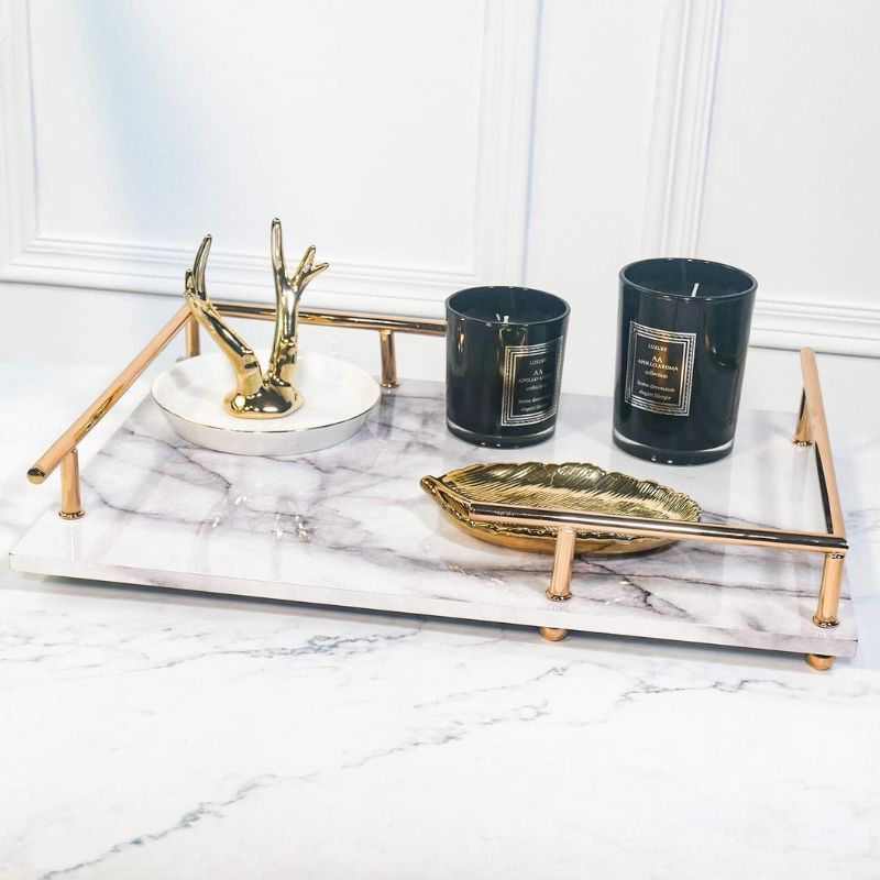 Decorative MDF Tray with Marble Print, Handmade Vanity/Perfume Tray with Gold Metal Handle, Trinket Tray, Catchall Tray for Dresser Bathroom Vanity Table (Gray and White)