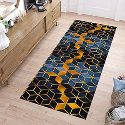 ZUZEKU Rug Runner Hallway Blue and Black Gold 50 x 180 cm Kitchen Non-Slip Washable Corridor Rug Kitchen Runner Long Polyester Rug for Bedroom Dining Room Polyester Sold by the Metre Adjustable