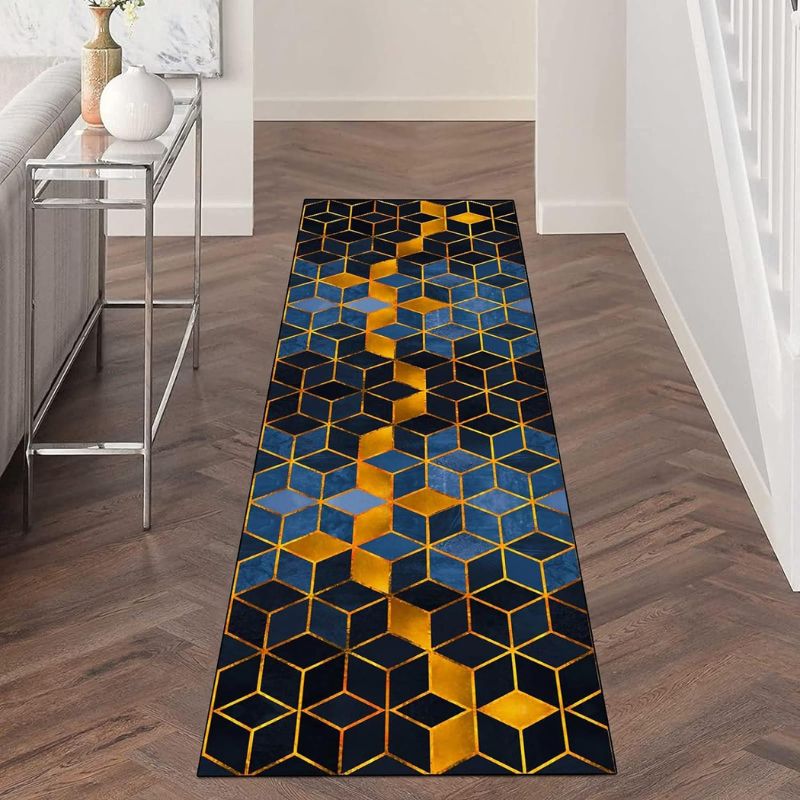 ZUZEKU Rug Runner Hallway Blue and Black Gold 50 x 180 cm Kitchen Non-Slip Washable Corridor Rug Kitchen Runner Long Polyester Rug for Bedroom Dining Room Polyester Sold by the Metre Adjustable