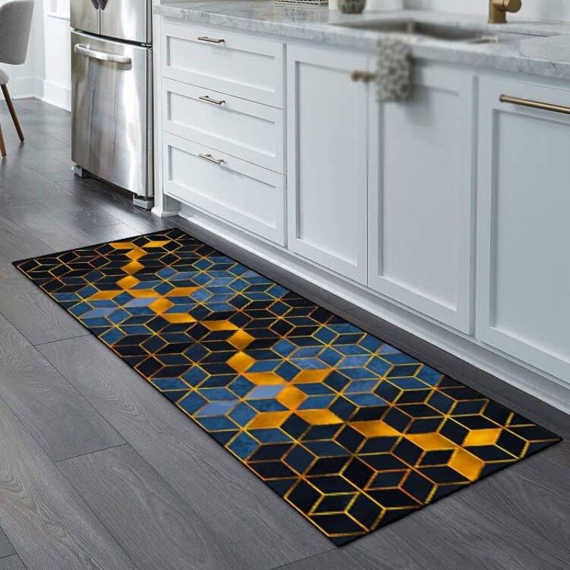 ZUZEKU Rug Runner Hallway Blue and Black Gold 50 x 180 cm Kitchen Non-Slip Washable Corridor Rug Kitchen Runner Long Polyester Rug for Bedroom Dining Room Polyester Sold by the Metre Adjustable