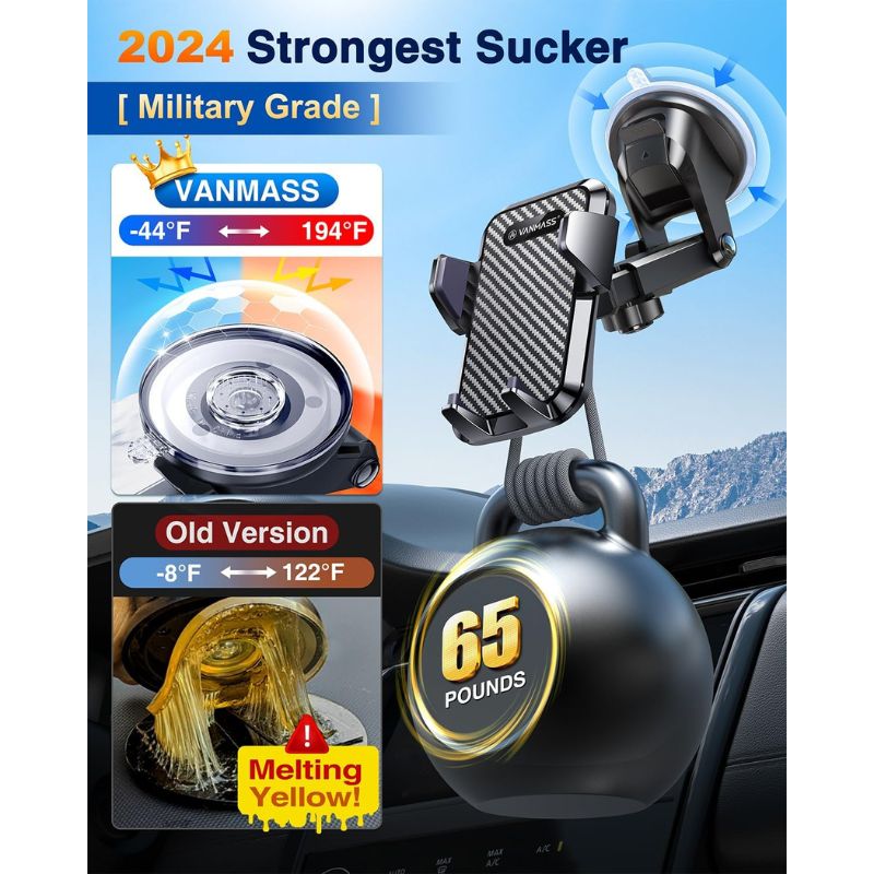 VANMASS Car Phone Holder 2024 BEST【65+ LBS Strongest Suction & Military-Grade】 Ultimate Mobile Phone Mount【Patent & Safety Certs】 Dashboard Windscreen Vent Cradle Van for iPhone 15 14 Pro Max Samsung