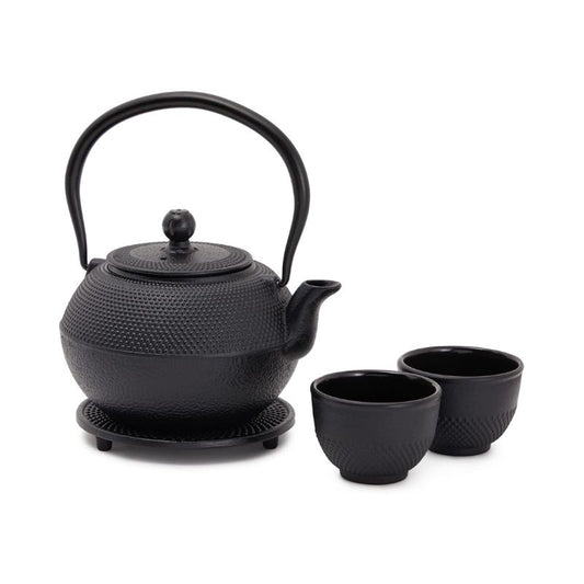 Juvale Cast Iron Teapot, Japanese Tetsubin Kettle Set with 2 Cups, Tea Infuser (1200 ml, Black)