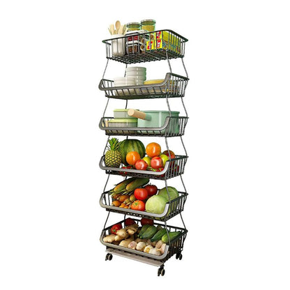 Fruit Vegetable Storage Basket, 6 Tier Stackable Metal Wire Basket with Wheels, Fruit and Vegetable Produce Storage Basket Organizer Bins for Kitchen,Bathroom,Pantry