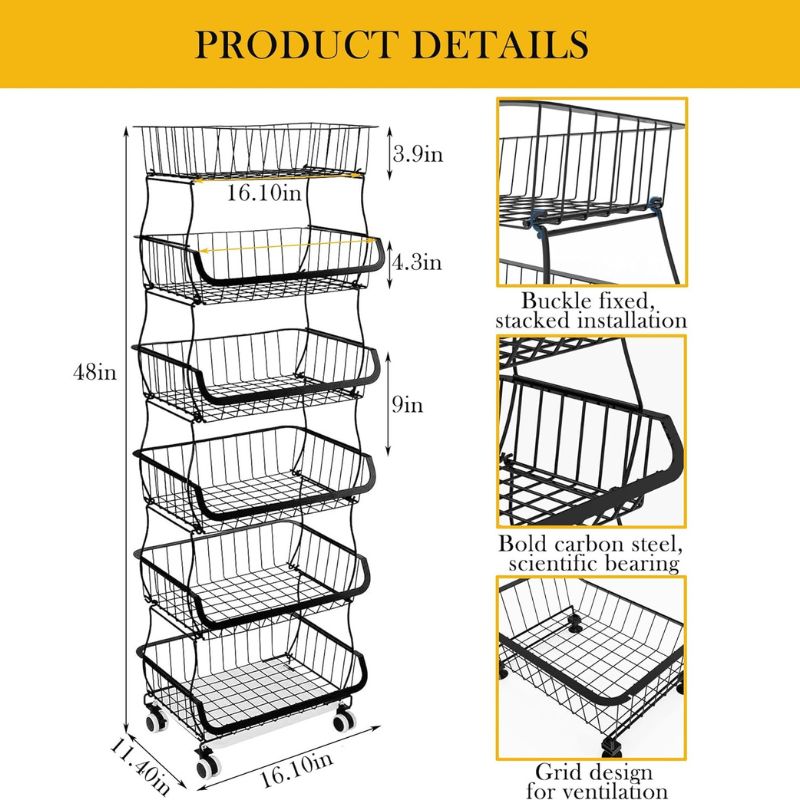 Fruit Vegetable Storage Basket, 6 Tier Stackable Metal Wire Basket with Wheels, Fruit and Vegetable Produce Storage Basket Organizer Bins for Kitchen,Bathroom,Pantry