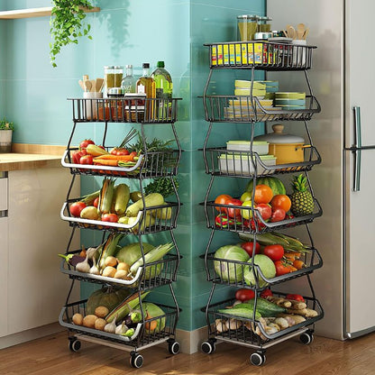 Fruit Vegetable Storage Basket, 6 Tier Stackable Metal Wire Basket with Wheels, Fruit and Vegetable Produce Storage Basket Organizer Bins for Kitchen,Bathroom,Pantry