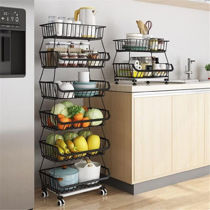 Fruit Vegetable Storage Basket, 6 Tier Stackable Metal Wire Basket with Wheels, Fruit and Vegetable Produce Storage Basket Organizer Bins for Kitchen,Bathroom,Pantry