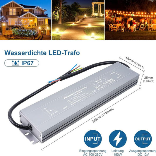 VARICART LED Transformer 12 V, LED Power Supply Transformer 230 V to 12 V 150 W 12.5 A, IP67 Waterproof LED Transformer, Ultra Slim Constant Voltage LED Driver Adapter, LED Low Voltage Transformer