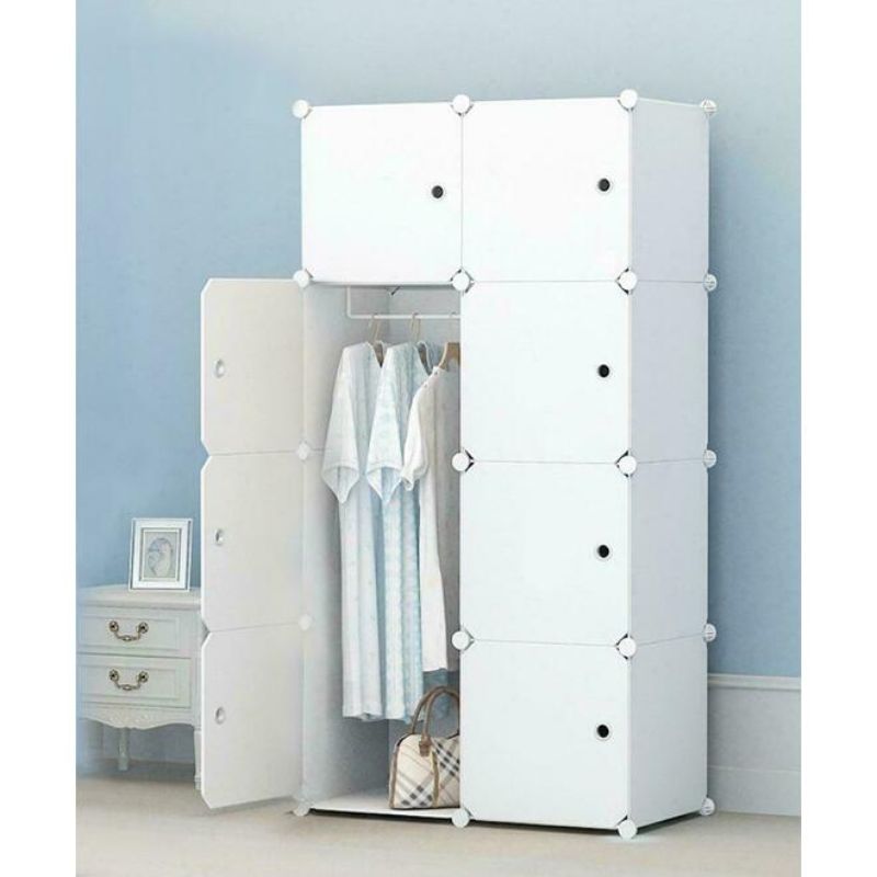 White Wardrobe Modular Organizer Cabinet With Interlocking 8-Cube For Bedroom