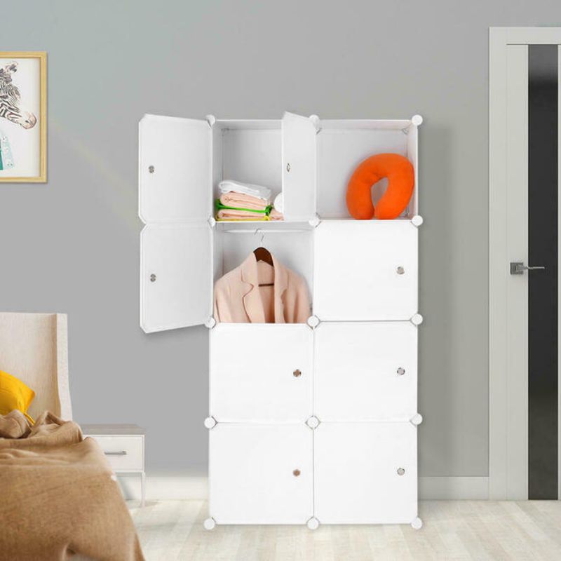 White Wardrobe Modular Organizer Cabinet With Interlocking 8-Cube For Bedroom