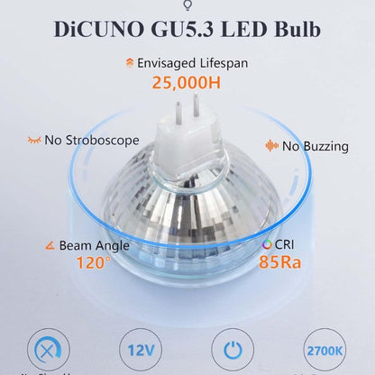 DiCUNO MR16 LED Bulb 12V 50W Halogen Equivalent, Non-dimmable, GU5.3 Bi-pin Base 5W 500lm Warm White 2700K for Track, Landscape Light, 6 Packs