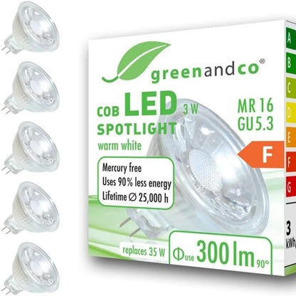 greenandco 10x MR16 GU5.3 LED Spotlight, 3 W, 300 lm, 38°, 2700 K, Warm White, COB LED, 12 V AC/DC, Not Dimmable