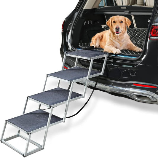 Toozey Dog Stairs Car Foldable for Large and Small Dogs, Aluminium Adjustable Dog Ramp, Boot Ramp, Climbing Aid, Stable and Non-Slip, 4 Levels, Dog Car Ramp, Maximum Load 68 kg