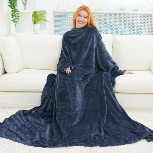 TV Blanket Cuddly Blanket with Sleeves 170 x 200 cm - Coral Fleece Bedspread Super Soft Warm - Blue