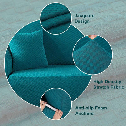 Carvapet Jacquard Sofa Cover Stretch Couch Covers Elastic Fabric Solid Waffle Pattern Chair Loveseat Settee Sofa Covers Universal Fitted Sofa Slipcover Furniture Cover Protector(Blue,3 Seater)