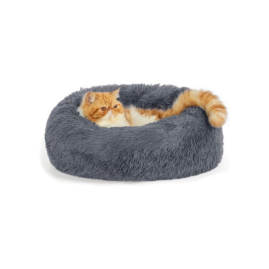 Bedsure Calming Cat Beds for Indoor Cats - Small Cat Bed Washable 20 inches, Anti-Slip Round Fluffy Plush Faux Fur Pet Bed, Fits up to 15 lbs Pets, Dark Grey