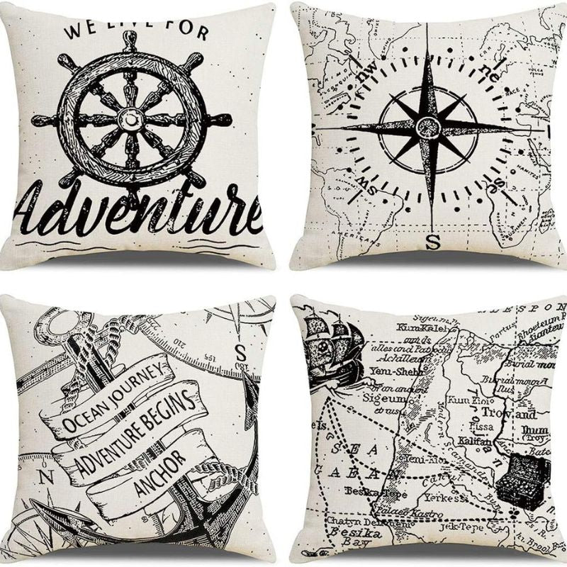 Set of 4 Nautical Decorative Pillow Covers Navigation Voyage Compass & Anchor Cushion Cover Beach/Ocean Style Home Decor Cotton Linen Pillowcases 18”×18” (Black/White)