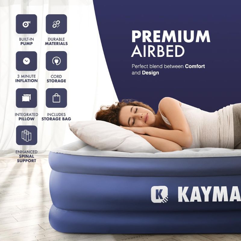 KAYMAN Single Air Bed (Blue - 200x99x48 cm), Camping Bed with Built-in Electric Air Pump, Self-Inflatable Mattress with Integrated Pillow & Repair Patches, Air Mattress for Guest, Camping & Caravans