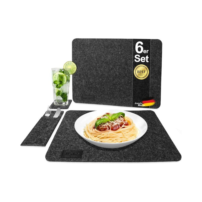 Saltibo ® Place Mats - Washable Place Mats - Felt Place Mats with Non-Slip Backing - 18 Piece Set with Glass Coasters and Cutlery Bag