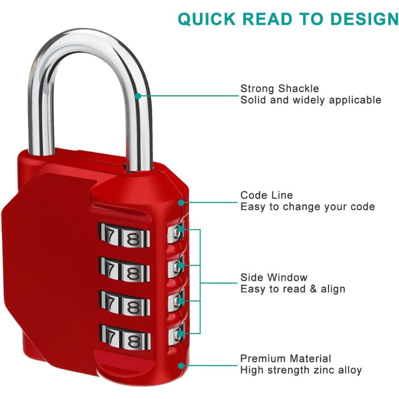 ZHEGE Combination Lock, 4 Digit Outdoor Combination Padlock for Gym, School, Gates, Doors, Hasps and Storage (Red)