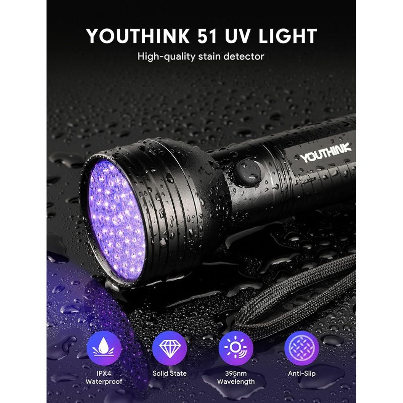 YOUTHINK UV Black Light Torch LED 51 LEDs 395nm UV Lamp Mini Ultraviolet Light Pets Urine Detector for Banknotes, Amber, Urine of Dogs, Cats Stain Detector