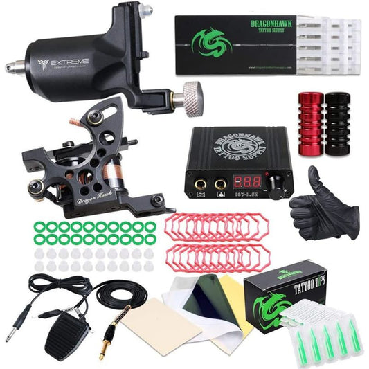 Dragonhawk Extreme Tattoo Kit 2 Pro Tattoo Machines Rotary Machine Coil Gun Power Supply Disposable Needles Tip Foot Pedal EUYMX10-2