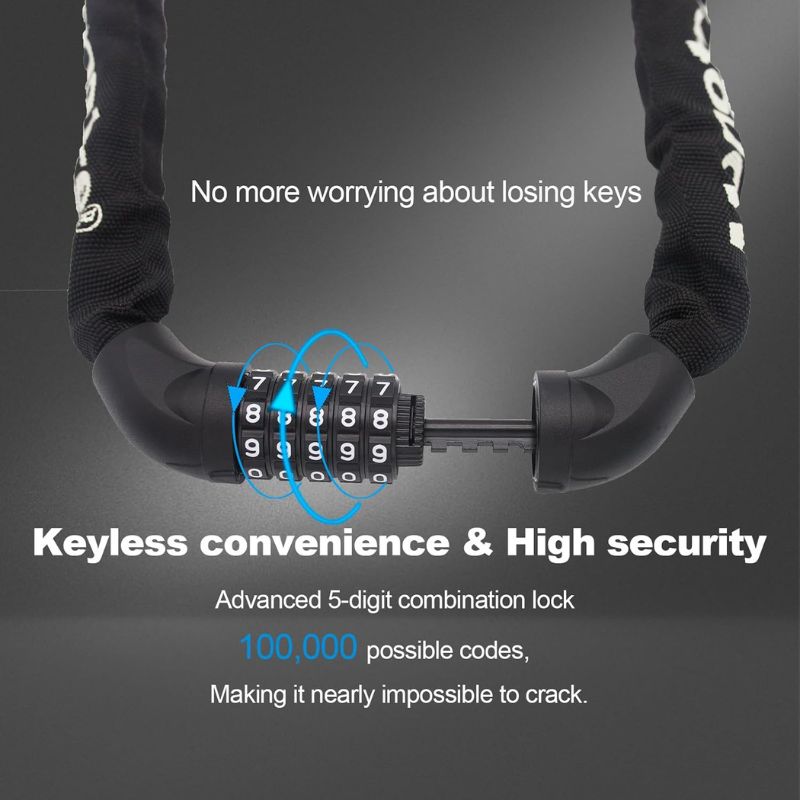 Bike Chain Lock, 5-Digit Resettable Combination Heavy Duty Anti-Theft Bike Chain Lock, 3.2FT Long Keyless Security Bike Lock for Bicycles, Scooters, Motorcycles, Doors, Fences