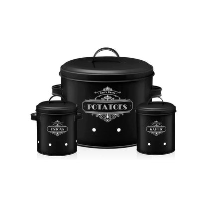 Black Retro Canister Set of 3, Potato, Onion, Garlic Storage Containers, Stylish Antique Metal Tins for Kitchen Pantry, Fresh Vegetable Keeper, Rustic Farmhouse Decor