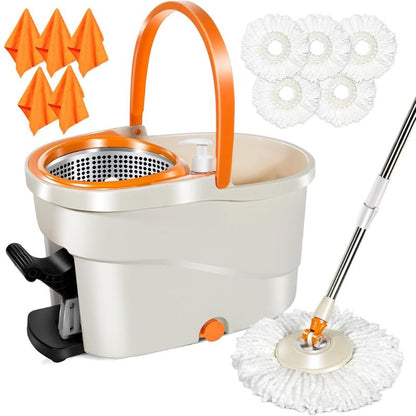 MASTERTOP Mop and Bucket with Wringer Set for Home, Spin Mop and Bucket with 5 Mop Heads, Easy Wring Foot Pedal,Stainless Steel Mop Handle, Microfiber Spin Mop for Hardwood Laminate Floor Cleaning