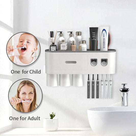 TuCao Toothbrush Holder Wall Mounted with Double Automatic Toothpaste Dispenser Squeezer Kit, 2/3/ Cups (Grey 2 Toothpaste Dispensers, 3 Cups)