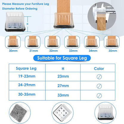 VABNEER Silicone Chair Leg Caps, Square, Pack of 16 Protective Caps for Chair Legs with Felt Pads and Metal Seal Reinforcement, Tables and Chairs, Foot Protectors for Hardwood Floors (30-35 mm)