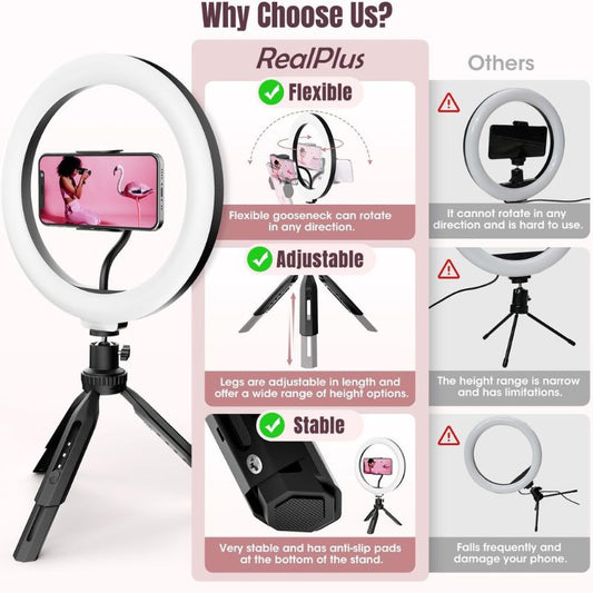 RealPlus 10" Ring Light avec Trépied, Trépied Smartphone & Caméra, avec 3 Effets de lumière et 10 Luminosités, pour Téléphone, Mini Caméra, Tiktok, Youtube, Live Streaming, Vidéo