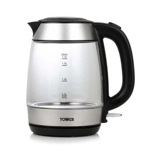 Tower T10040 Fast Rapid Boil Glass Kettle, Cordless with Easy Grip Touch Handle, Durable Schott Glass Body with Blue LED Illuminations, 3000 W, 1.7 Litre, Stainless Steel Finish