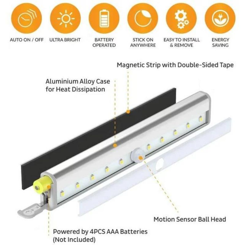 Motion Sensor Closet Lights, Cordless Under Cabinet Lightening, Wireless Stick-on Anywhere Battery Operated 10 LED Night Light Bar, Safe Lights for Closet Cabinet Wardrobe Stairs, 9 Pack